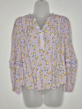 Zac & Rachel Lilac Floral Eyelet Detail Ruffle Peasant Blouse Lemon Orange Print
